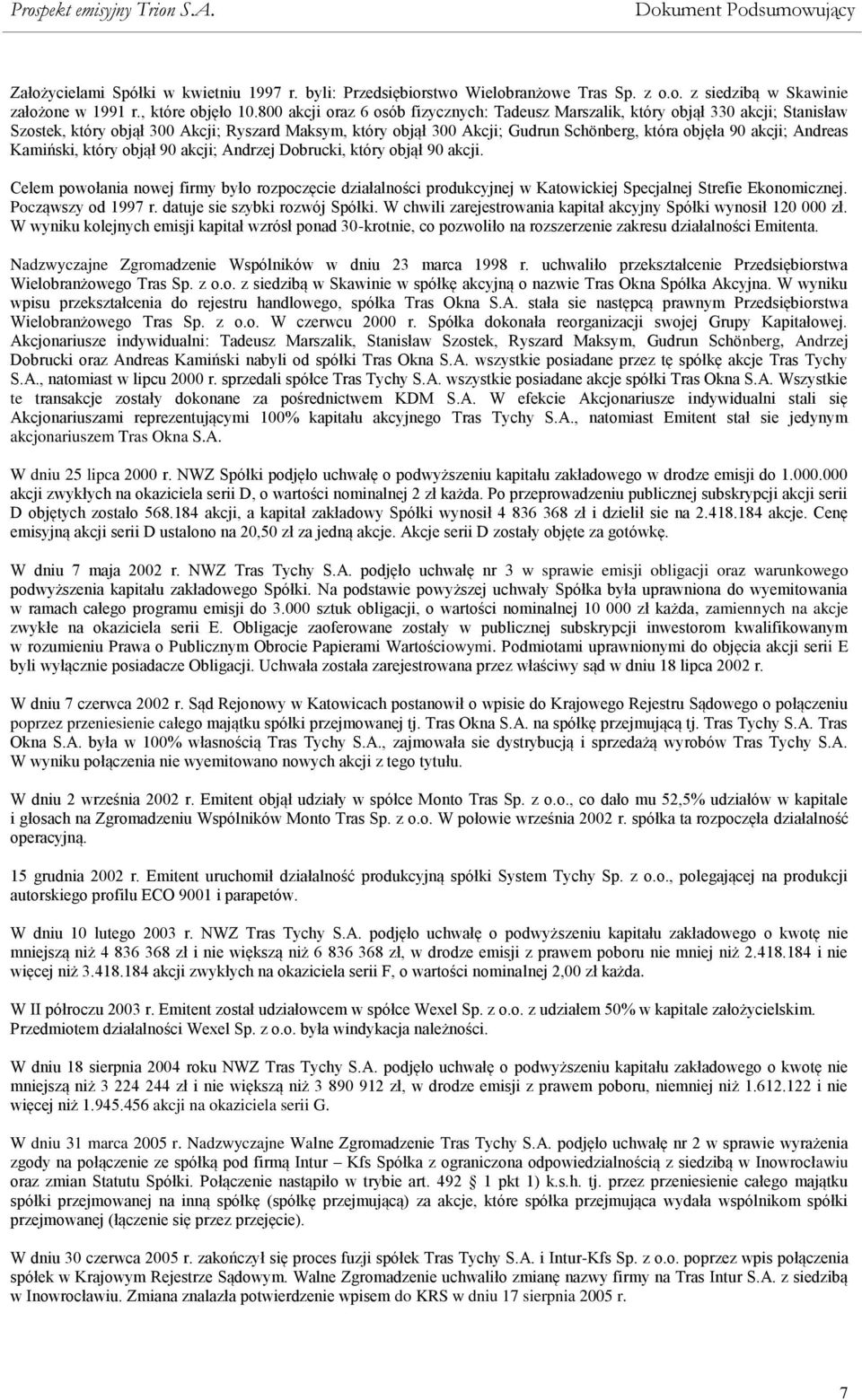 Andreas Kamiński, który objął 90 akcji; Andrzej Dobrucki, który objął 90 akcji. Celem powołania nowej firmy było rozpoczęcie działalności produkcyjnej w Katowickiej Specjalnej Strefie Ekonomicznej.