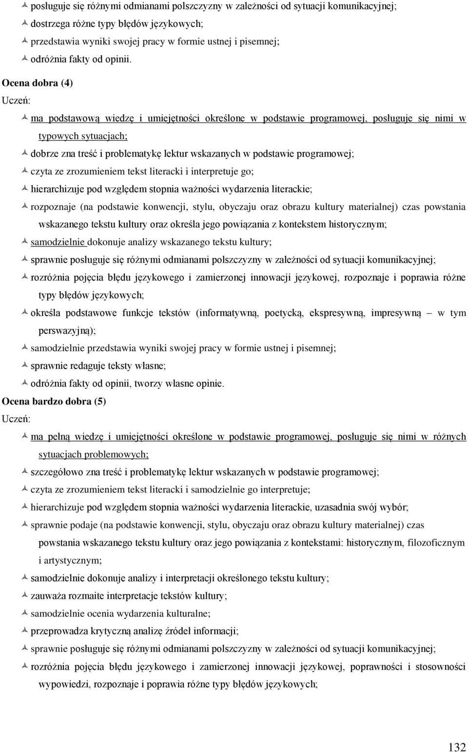 Ocena dobra (4) ma podstawową wiedzę i umiejętności określone w podstawie programowej, posługuje się nimi w typowych sytuacjach; dobrze zna treść i problematykę lektur wskazanych w podstawie