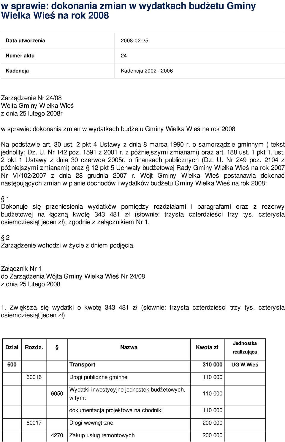 o samorządzie gminnym ( tekst jednolity; Dz. U. Nr 142 poz. 1591 z 2001 r. z późniejszymi zmianami) oraz art. 188 ust. 1 pkt 1, ust. 2 pkt 1 Ustawy z dnia 30 czerwca 2005r.