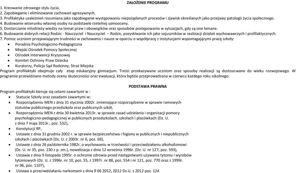 Budowanie wizerunku własnej osoby na podstawie rzetelnej samooceny. 5. Dostarczanie młodzieży wiedzy na temat praw i obowiązków oraz sposobów postępowania w sytuacjach, gdy są one łamane. 6.