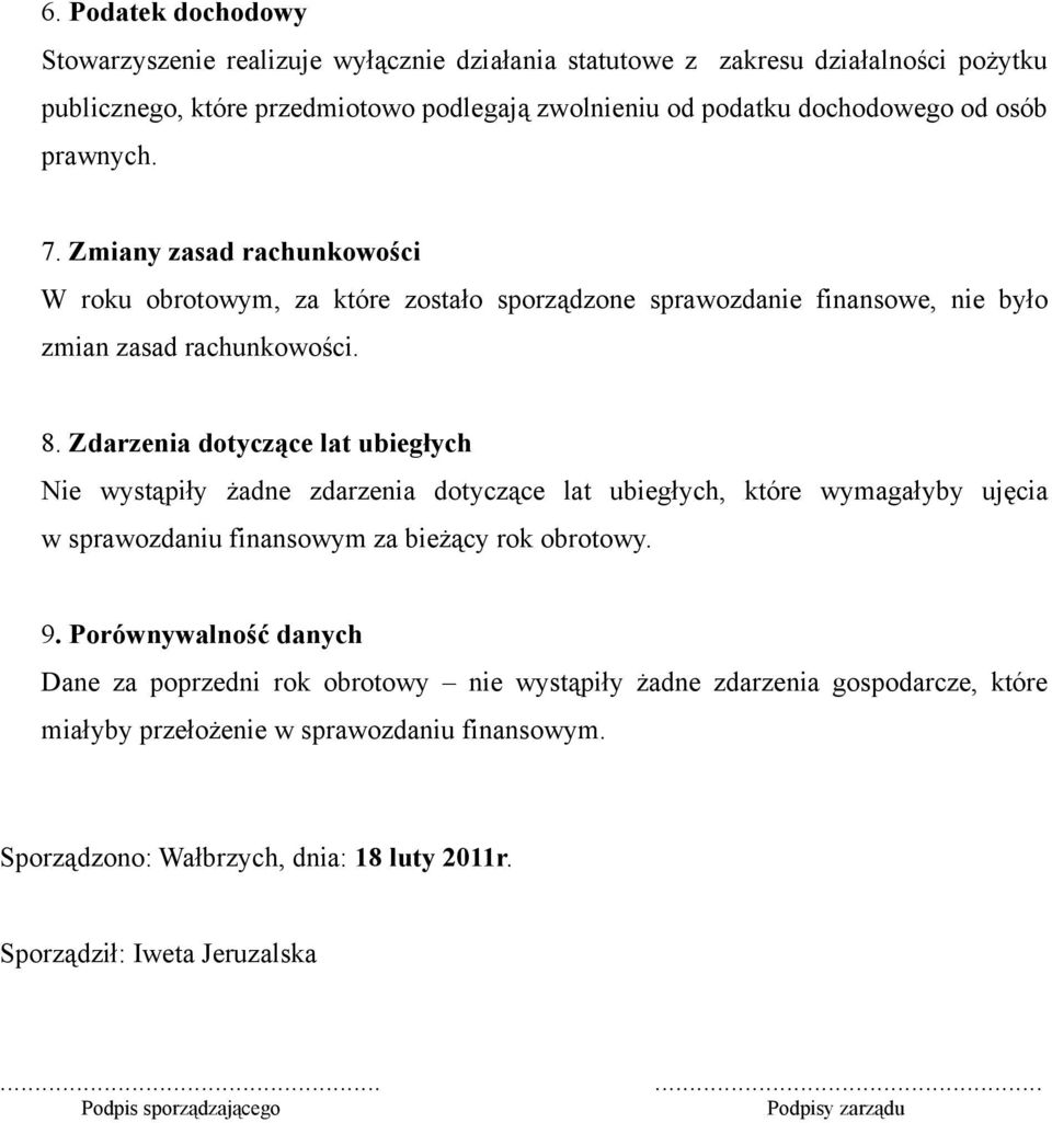 Zdarzenia dotyczące lat ubiegłych Nie wystąpiły żadne zdarzenia dotyczące lat ubiegłych, które wymagałyby ujęcia w sprawozdaniu finansowym za bieżący rok obrotowy. 9.