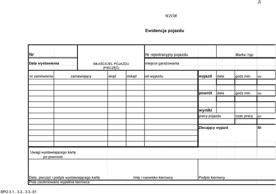 min. sta wyniki pracy pojazdu czas pracy prz Zlecający wyjazd St Uwagi wystawiającego kartę po powrocie Data,