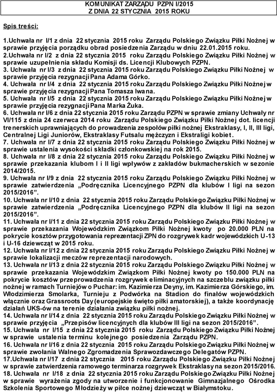 Licencji Klubowych PZPN. 3. Uchwała nr I/3 z dnia 22 stycznia 2015 roku Zarządu Polskiego Związku Piłki Nożnej w sprawie przyjęcia rezygnacji Pana Adama Górko. 4.