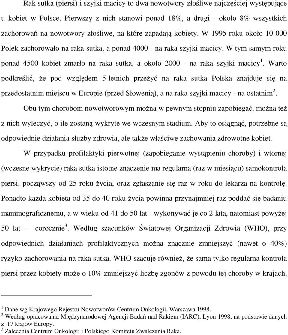 W 1995 roku około 10 000 Polek zachorowało na raka sutka, a ponad 4000 - na raka szyjki macicy. W tym samym roku ponad 4500 kobiet zmarło na raka sutka, a około 2000 - na raka szyjki macicy 1.