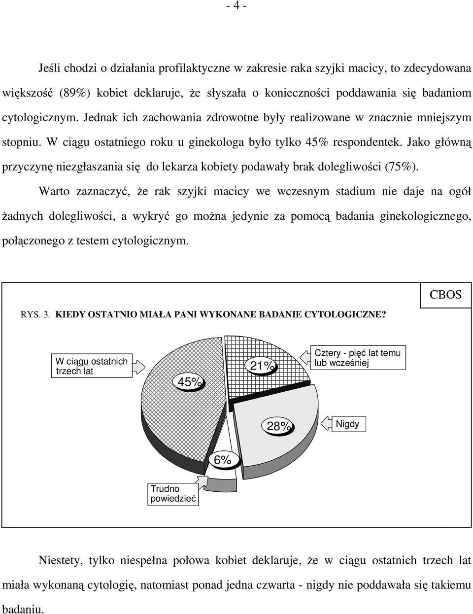 Jako główną przyczynę niezgłaszania się do lekarza kobiety podawały brak dolegliwości (75%).