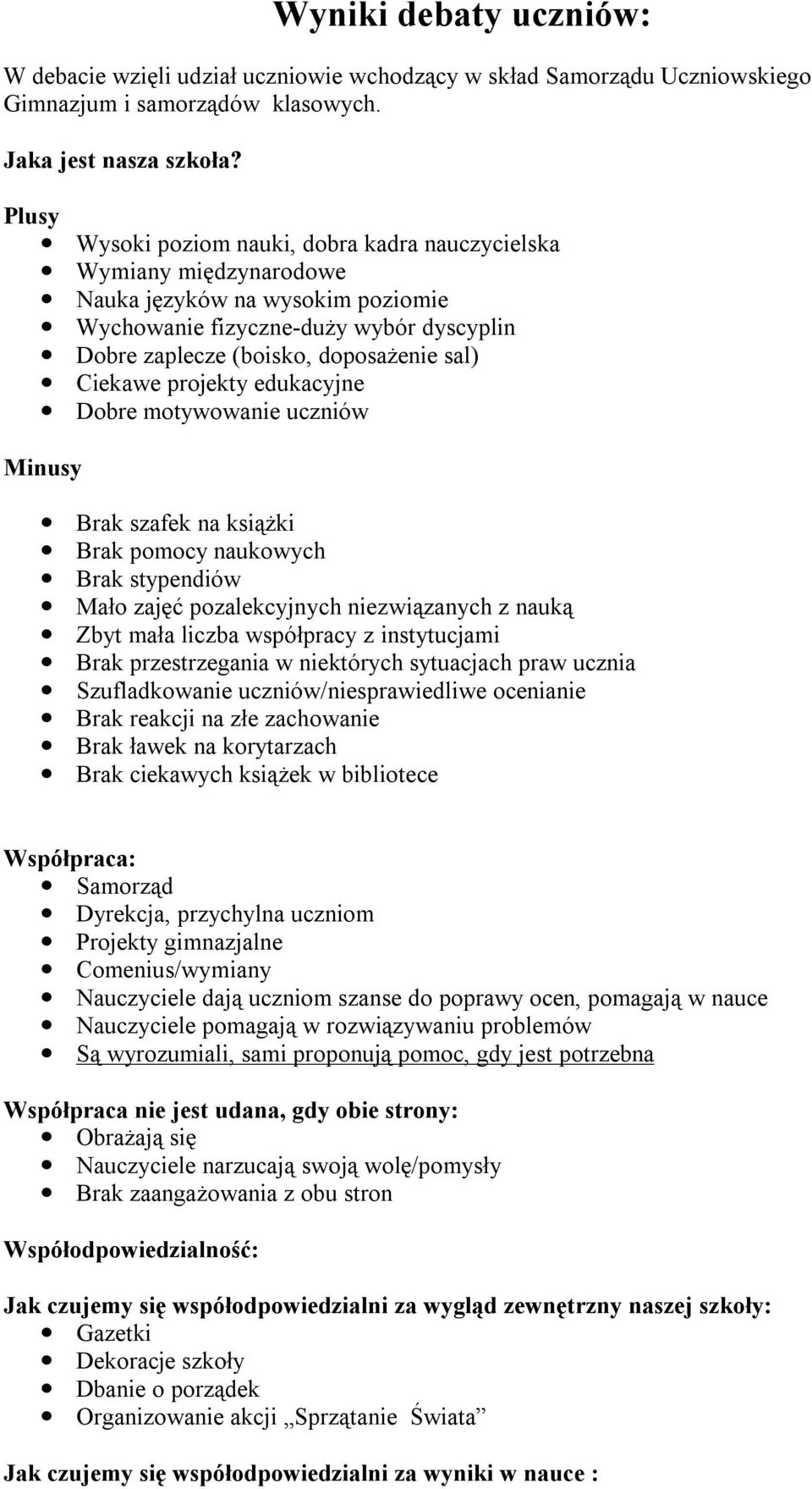 projekty edukacyjne Dobre motywowanie uczniów Minusy Brak szafek na książki Brak pomocy naukowych Brak stypendiów Mało zajęć pozalekcyjnych niezwiązanych z nauką Zbyt mała liczba współpracy z
