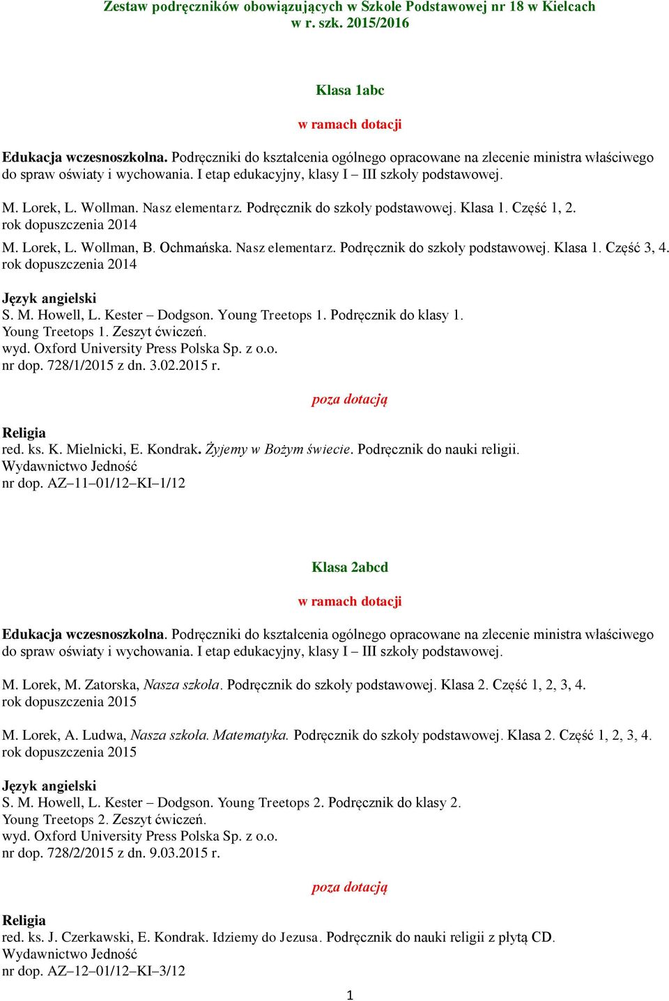 Podręcznik do szkoły podstawowej. Klasa 1. Część 1, 2. rok dopuszczenia 2014 M. Lorek, L. Wollman, B. Ochmańska. Nasz elementarz. Podręcznik do szkoły podstawowej. Klasa 1. Część 3, 4.