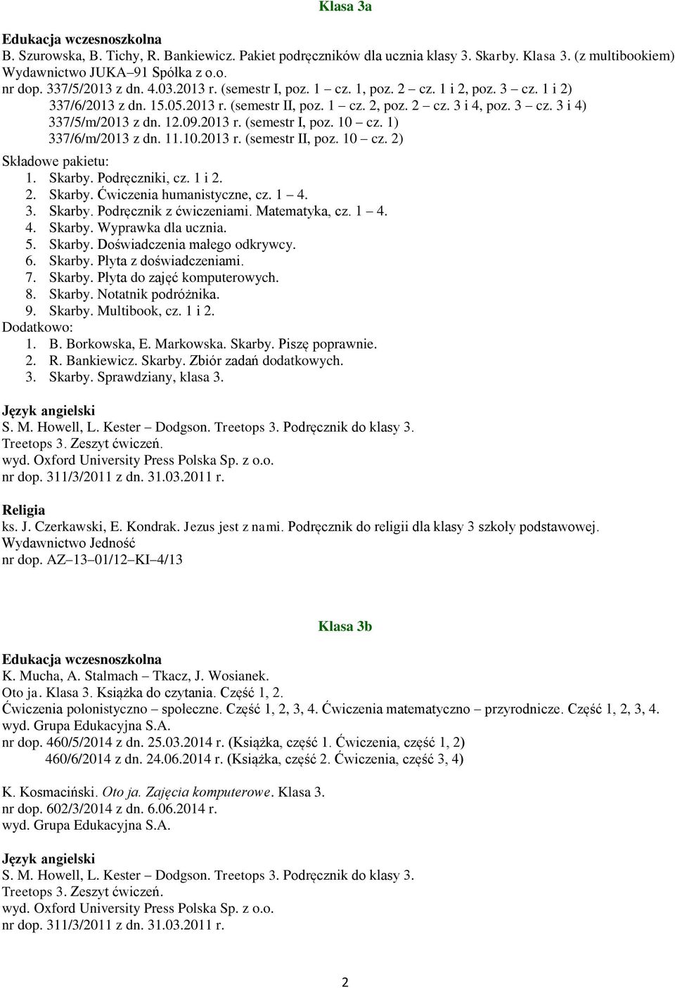 12.09.2013 r. (semestr I, poz. 10 cz. 1) 337/6/m/2013 z dn. 11.10.2013 r. (semestr II, poz. 10 cz. 2) Składowe pakietu: 1. Skarby. Podręczniki, cz. 1 i 2. 2. Skarby. Ćwiczenia humanistyczne, cz. 1 4.