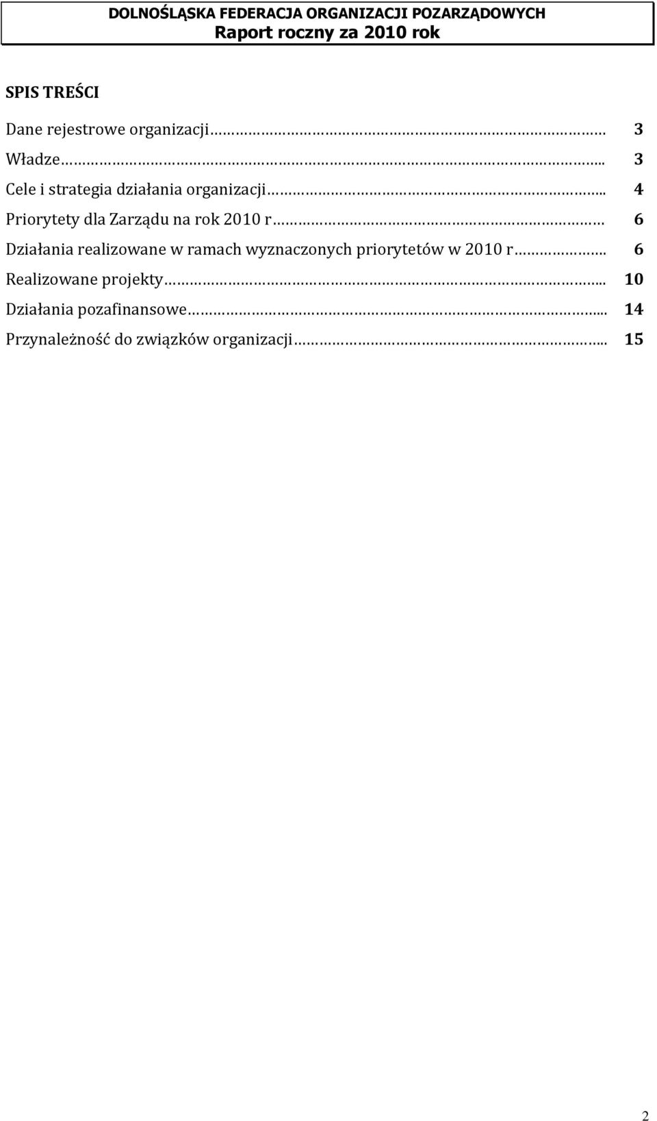 . 4 Priorytety dla Zarządu na rok 2010 r 6 Działania realizowane w ramach