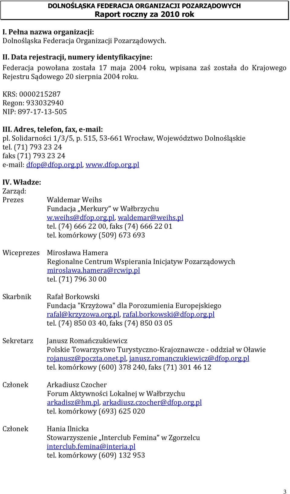 KRS: 0000215287 Regon: 933032940 NIP: 897-17-13-505 III. Adres, telefon, fax, e-mail: pl. Solidarności 1/3/5, p. 515, 53-661 Wrocław, Województwo Dolnośląskie tel.