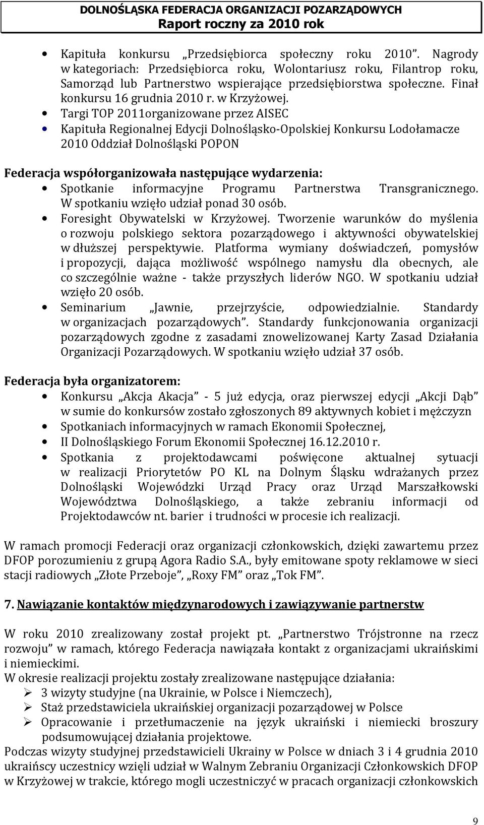 Targi TOP 2011organizowane przez AISEC Kapituła Regionalnej Edycji Dolnośląsko-Opolskiej Konkursu Lodołamacze 2010 Oddział Dolnośląski POPON Federacja współorganizowała następujące wydarzenia: