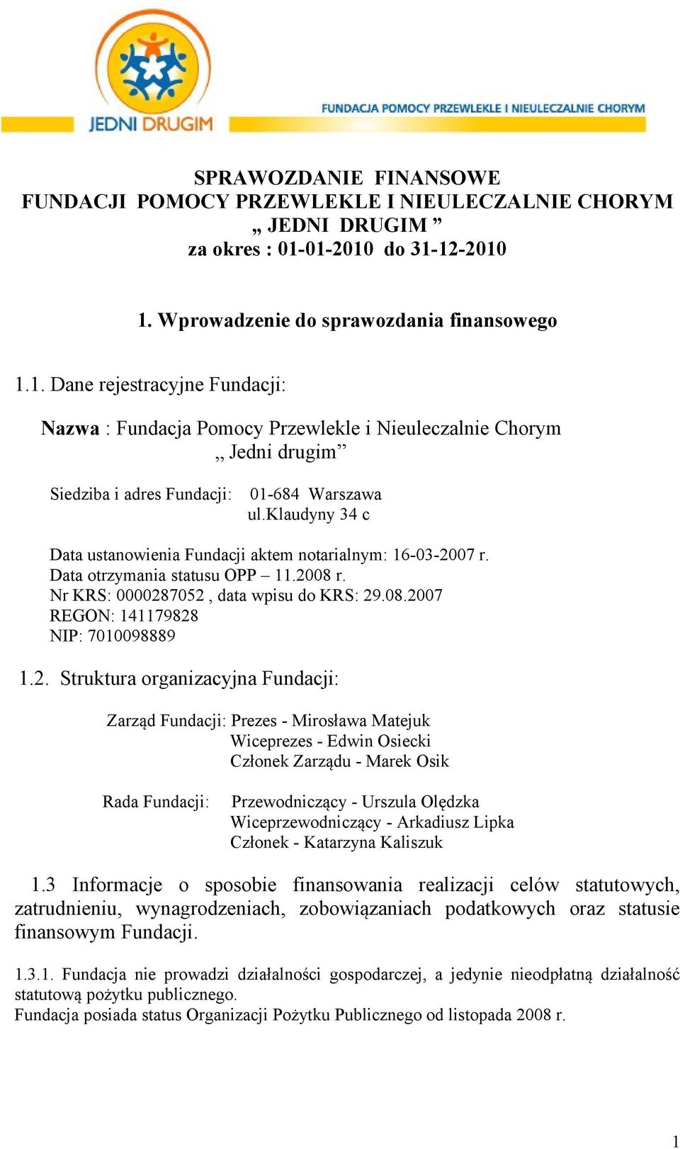 klaudyny 34 c Data ustanowienia Fundacji aktem notarialnym: 16-03-20