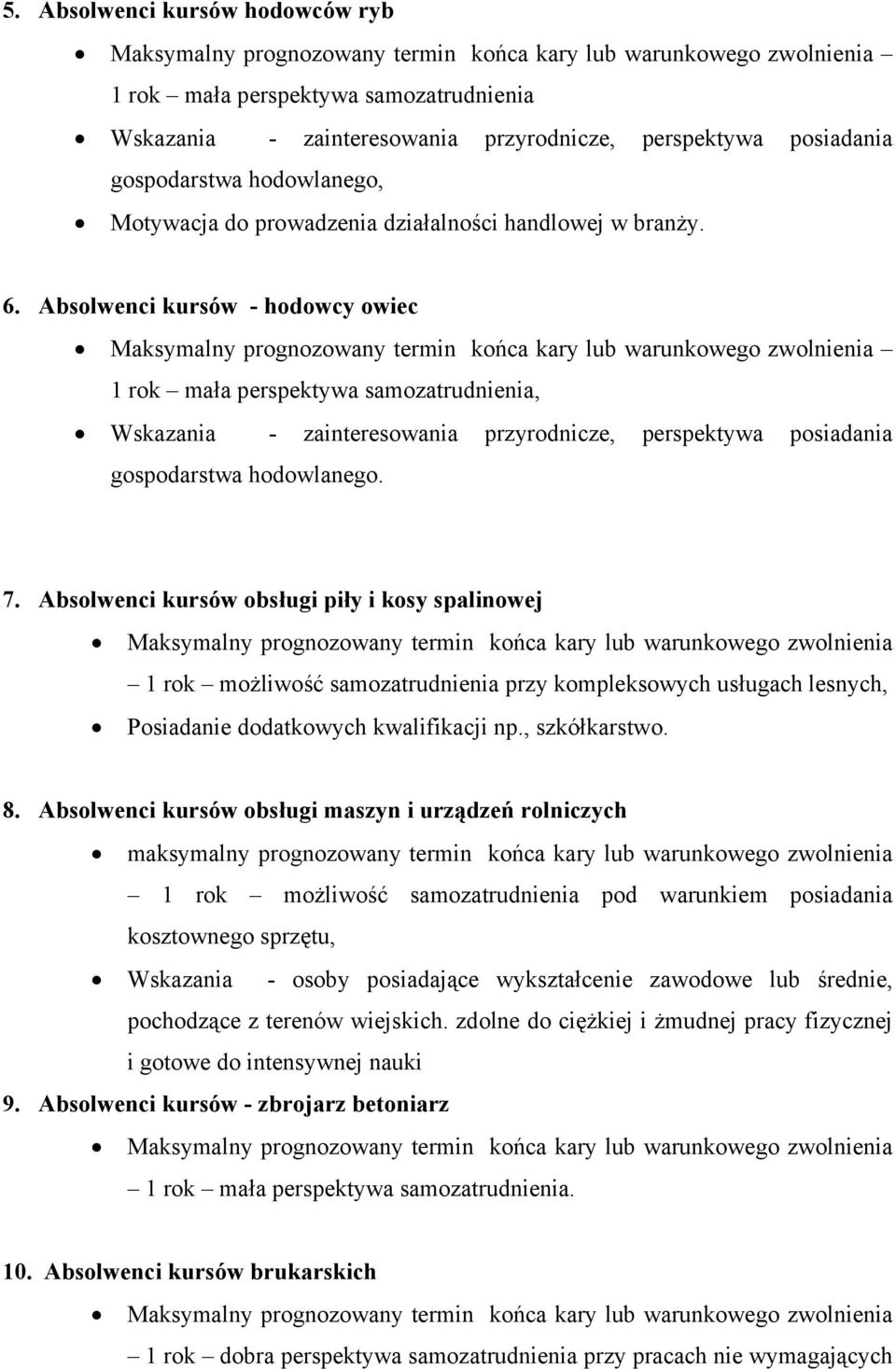 Absolwenci kursów - hodowcy owiec 1 rok mała perspektywa samozatrudnienia, Wskazania - zainteresowania przyrodnicze, perspektywa posiadania gospodarstwa hodowlanego. 7.