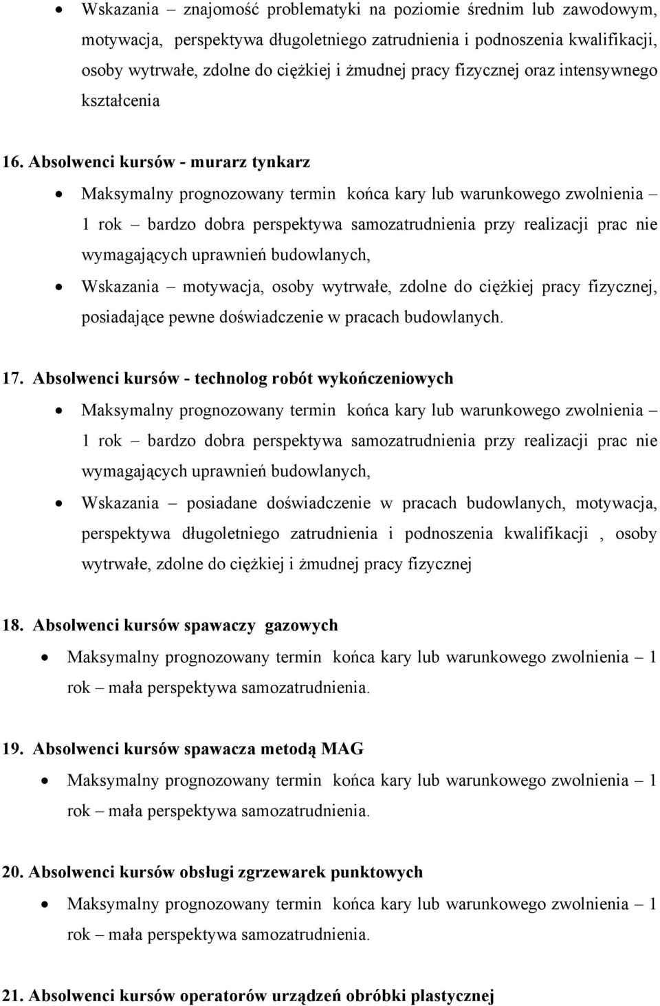 Absolwenci kursów - murarz tynkarz 1 rok bardzo dobra perspektywa samozatrudnienia przy realizacji prac nie wymagających uprawnień budowlanych, Wskazania motywacja, osoby wytrwałe, zdolne do ciężkiej