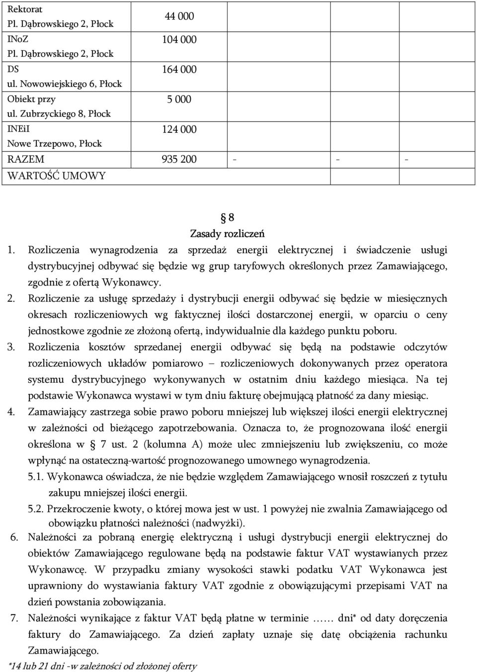 Rozliczenia wynagrodzenia za sprzedaż energii elektrycznej i świadczenie usługi dystrybucyjnej odbywać się będzie wg grup taryfowych określonych przez Zamawiającego, zgodnie z ofertą Wykonawcy. 2.