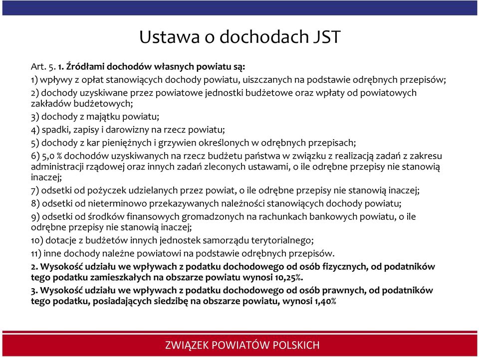 wpłaty od powiatowych zakładów budżetowych; 3) dochody z majątku powiatu; 4) spadki, zapisy i darowizny na rzecz powiatu; 5) dochody z kar pieniężnych i grzywien określonych w odrębnych przepisach;