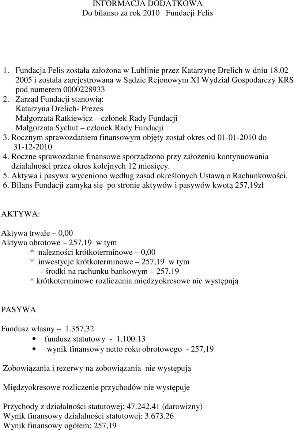 Zarząd Fundacji stanowią: Katarzyna Drelich- Prezes Małgorzata Ratkiewicz członek Rady Fundacji Małgorzata Sychut członek Rady Fundacji 3.