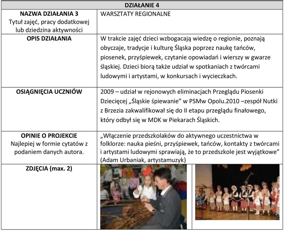 2009 udział w rejonowych eliminacjach Przeglądu Piosenki Dziecięcej Śląskie śpiewanie w PSMw Opolu.