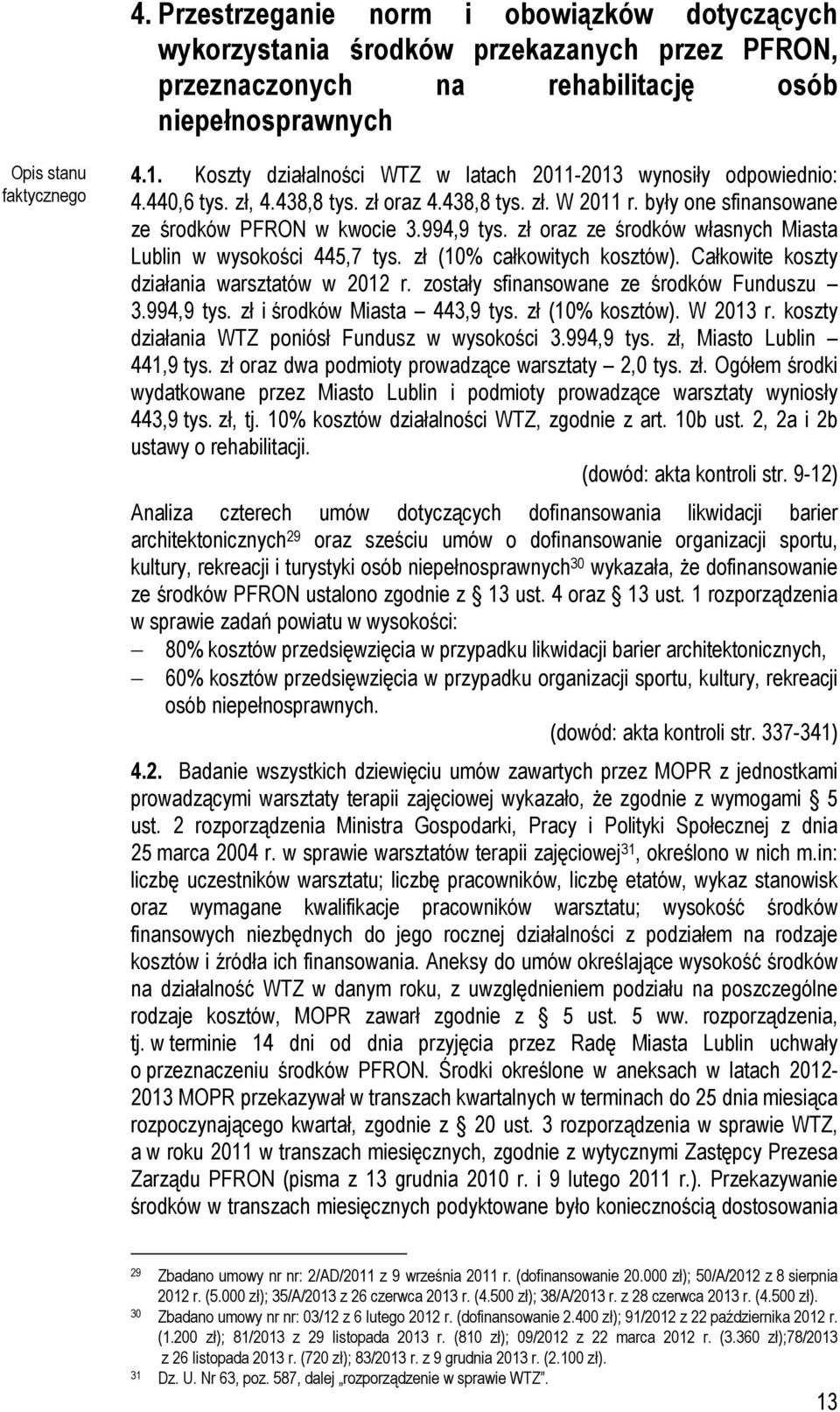 zł oraz ze środków własnych Miasta Lublin w wysokości 445,7 tys. zł (10% całkowitych kosztów). Całkowite koszty działania warsztatów w 2012 r. zostały sfinansowane ze środków Funduszu 3.994,9 tys.