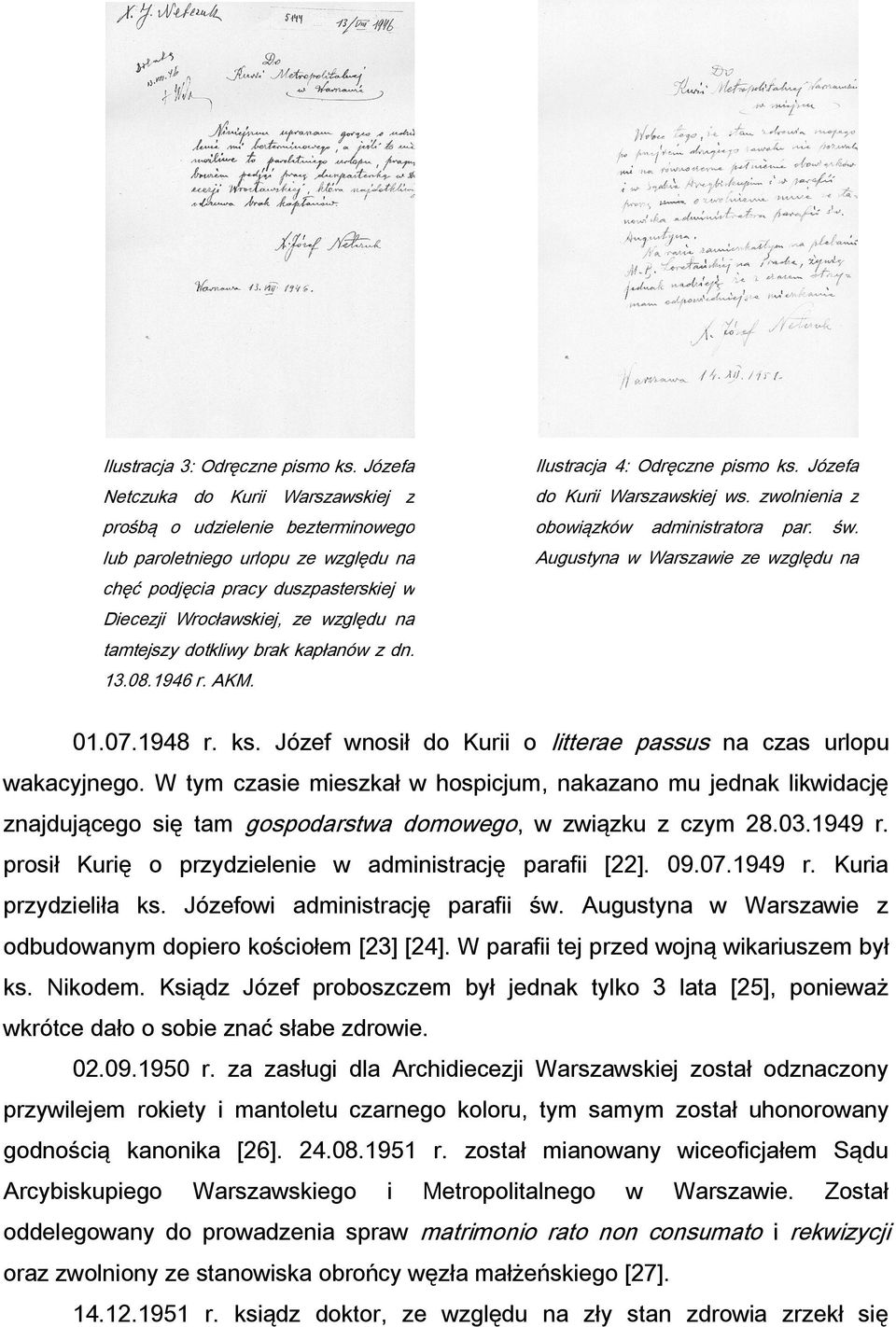 dotkliwy brak kapłanów z dn. 13.08.1946 r. AKM. Ilustracja 4: Odręczne pismo ks. Józefa do Kurii Warszawskiej ws. zwolnienia z obowiązków administratora par. św.