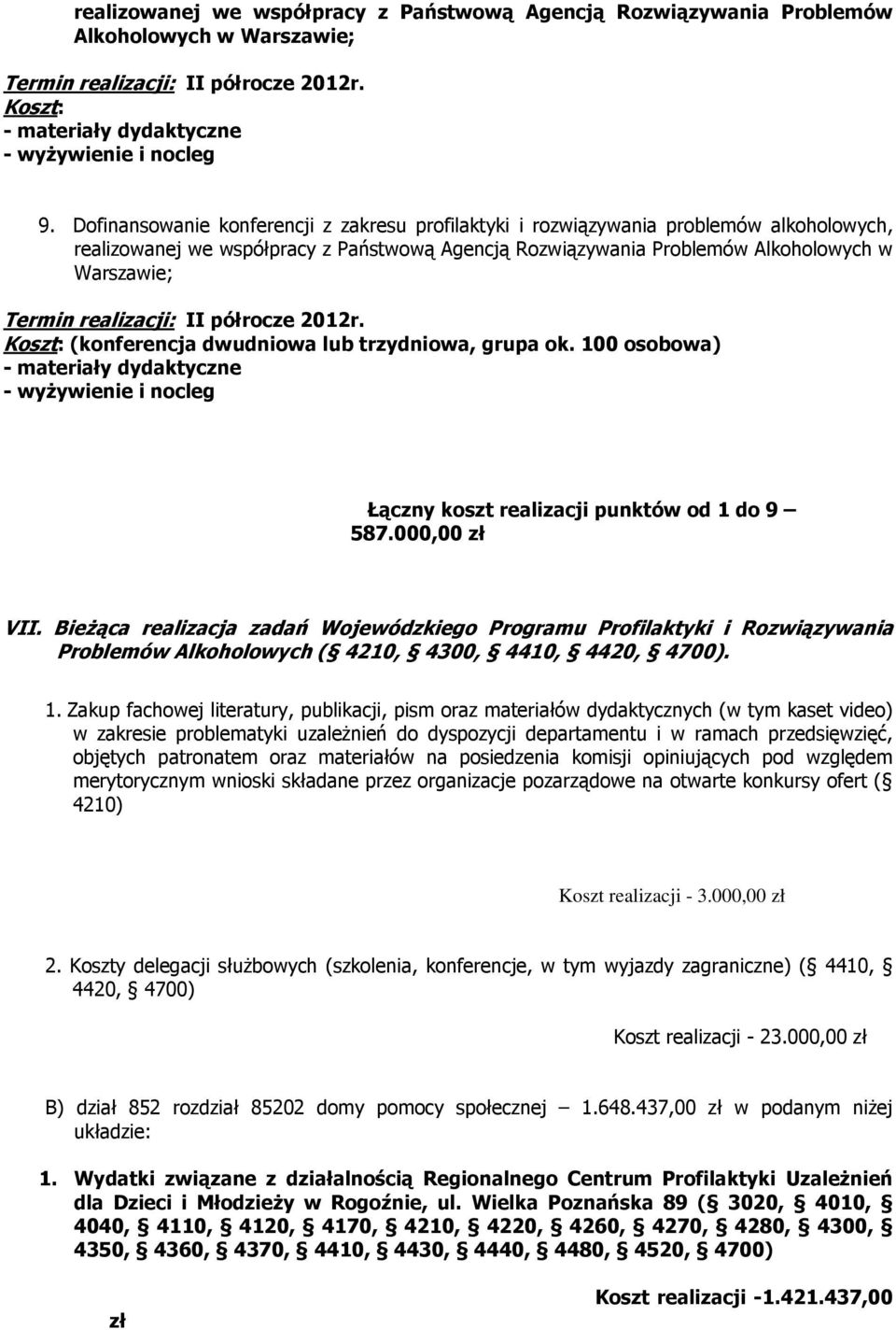 realizacji: II półrocze 2012r. (konferencja dwudniowa lub trzydniowa, grupa ok. 100 osobowa) - wyżywienie i nocleg Łączny koszt realizacji punktów od 1 do 9 587.000,00 VII.