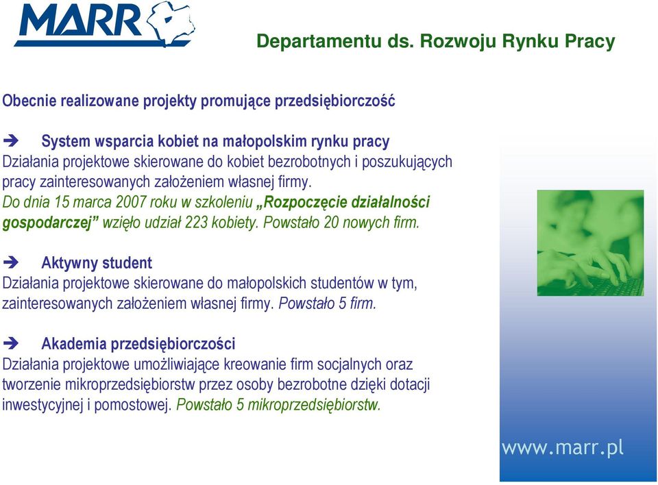 poszukujących pracy zainteresowanych załoŝeniem własnej firmy. Do dnia 15 marca 2007 roku w szkoleniu Rozpoczęcie działalności gospodarczej wzięło udział 223 kobiety.