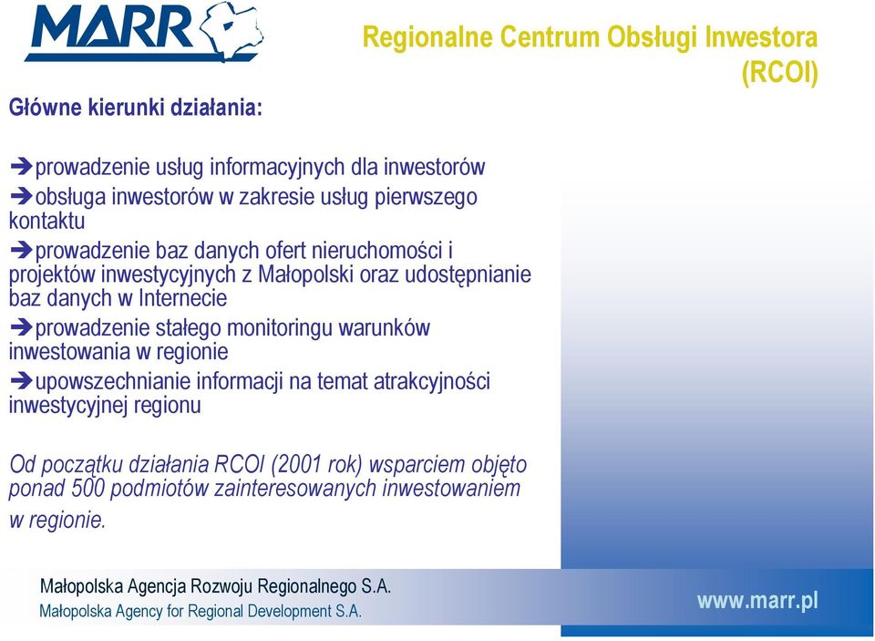 baz danych w Internecie prowadzenie stałego monitoringu warunków inwestowania w regionie upowszechnianie informacji na temat atrakcyjności