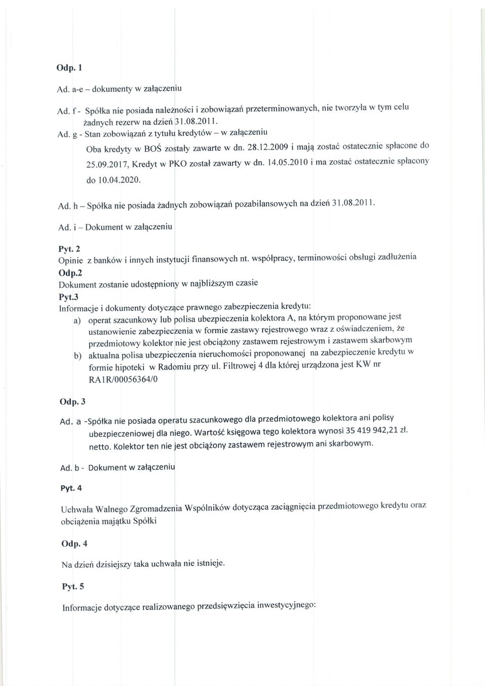 h - Spolka nie posiadazadnych zobowiryafi pozabilansowych nadzien 31.08-2011. Ad. i - Dokument w zalqczeniu Pyt.2 Opinie z bank6w i innych instytucji finansowych nt.
