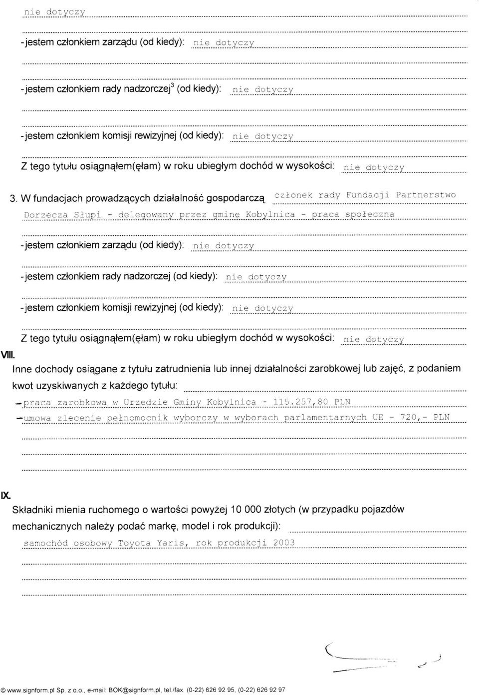 Wfundacjach prowadzqcych dzialalno6c gospodarczq czlonek radv F-undac:r Partnerstwo Darzecza Slupr - delegowarry przez gming Kobylnica - praca spo?eczna -jestem czlonkiem zazqdu (od kiedy).