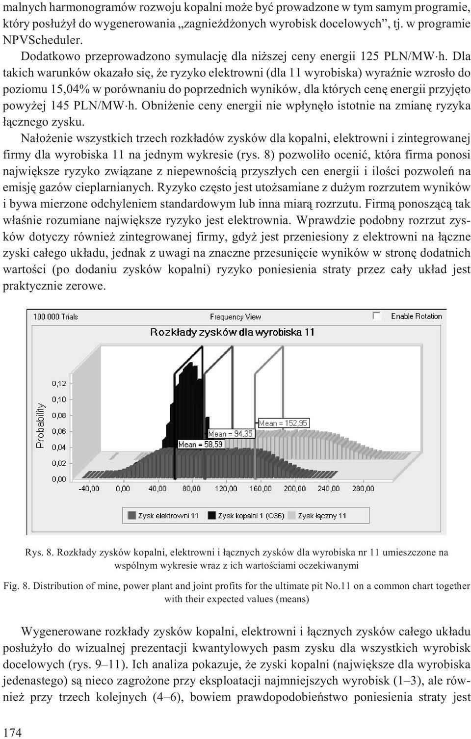 Dla takich warunków okaza³o siê, e ryzyko elektrowni (dla 11 wyrobiska) wyraÿnie wzros³o do poziomu 15,04% w porównaniu do poprzednich wyników, dla których cenê energii przyjêto powy ej 145 PLN/MW h.