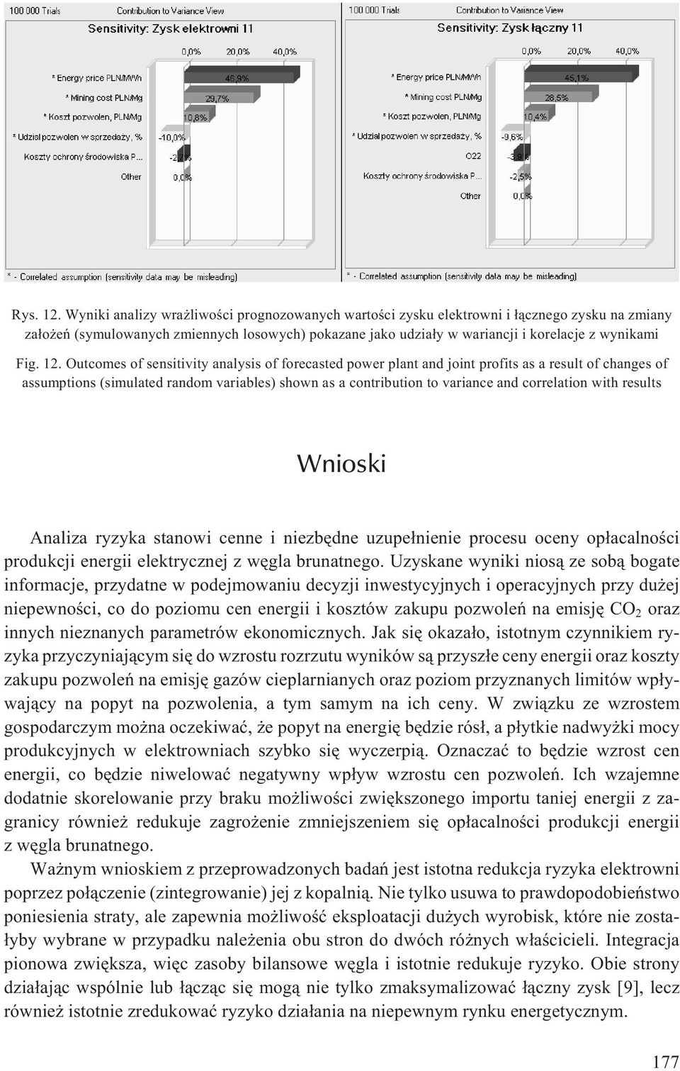 12. Outcomes of sensitivity analysis of forecasted power plant and joint profits as a result of changes of assumptions (simulated random variables) shown as a contribution to variance and correlation