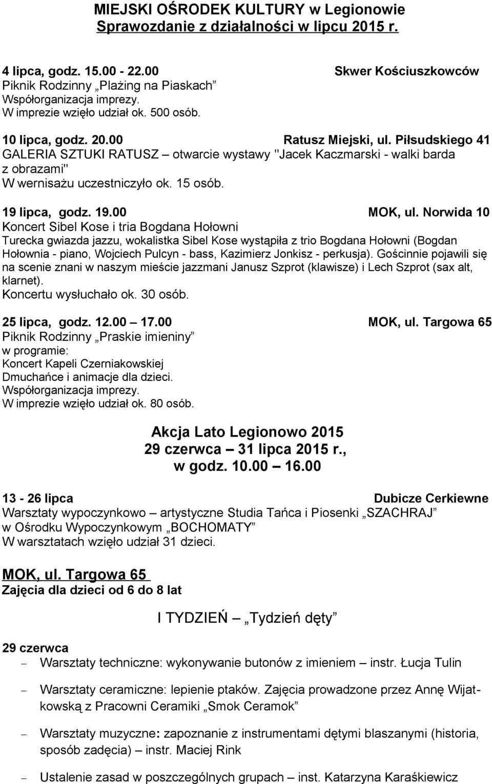 Piłsudskiego 41 GALERIA SZTUKI RATUSZ otwarcie wystawy "Jacek Kaczmarski - walki barda z obrazami" W wernisażu uczestniczyło ok. 15 osób. 19 lipca, godz. 19.00 MOK, ul.