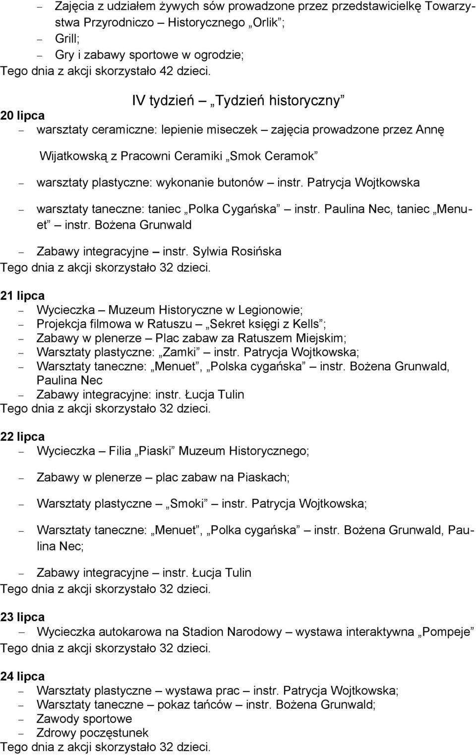 instr. Patrycja Wojtkowska warsztaty taneczne: taniec Polka Cygańska instr. Paulina Nec, taniec Menuet instr. Bożena Grunwald Zabawy integracyjne instr.