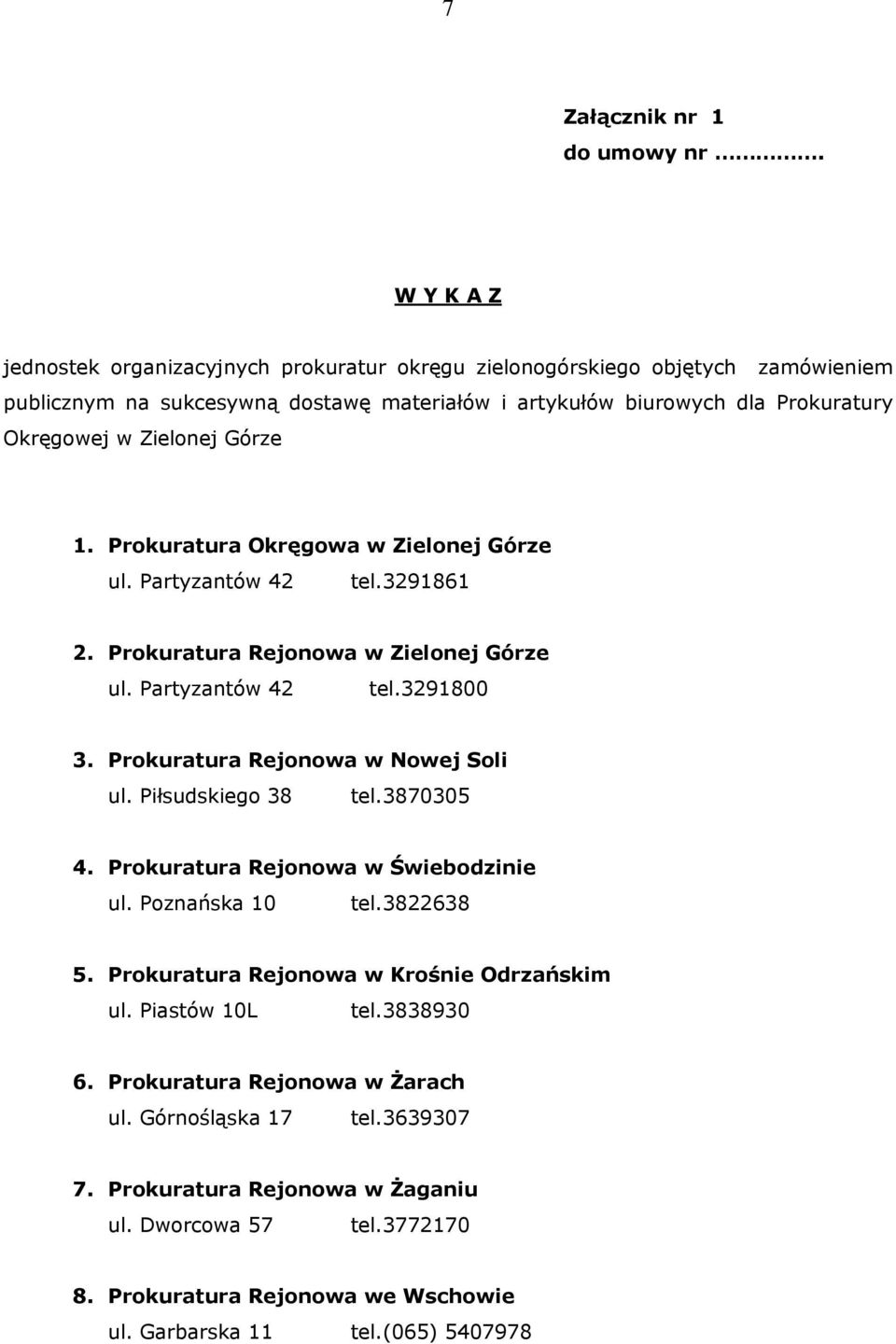 Górze 1. Prokuratura Okręgowa w Zielonej Górze ul. Partyzantów 42 tel.3291861 2. Prokuratura Rejonowa w Zielonej Górze ul. Partyzantów 42 tel.3291800 3. Prokuratura Rejonowa w Nowej Soli ul.