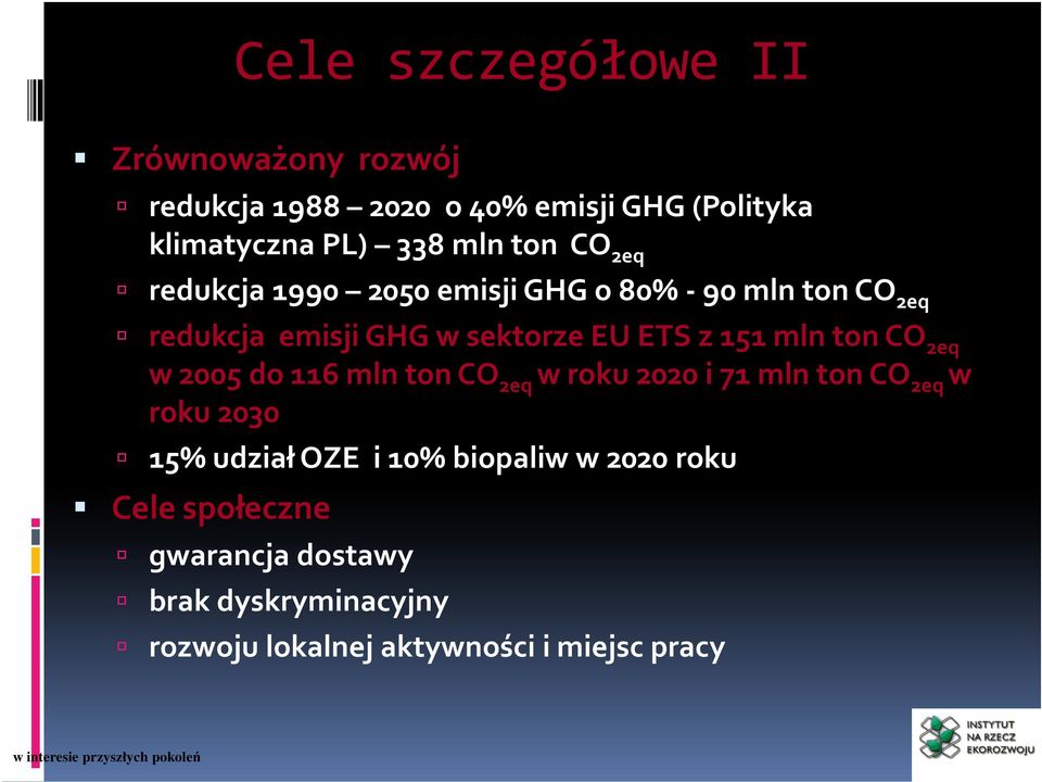 mln ton CO 2eq w 2005 do 116 mln ton CO 2eq w roku 2020 i 71 mln ton CO 2eq w roku 2030 15% udział OZE i 10%