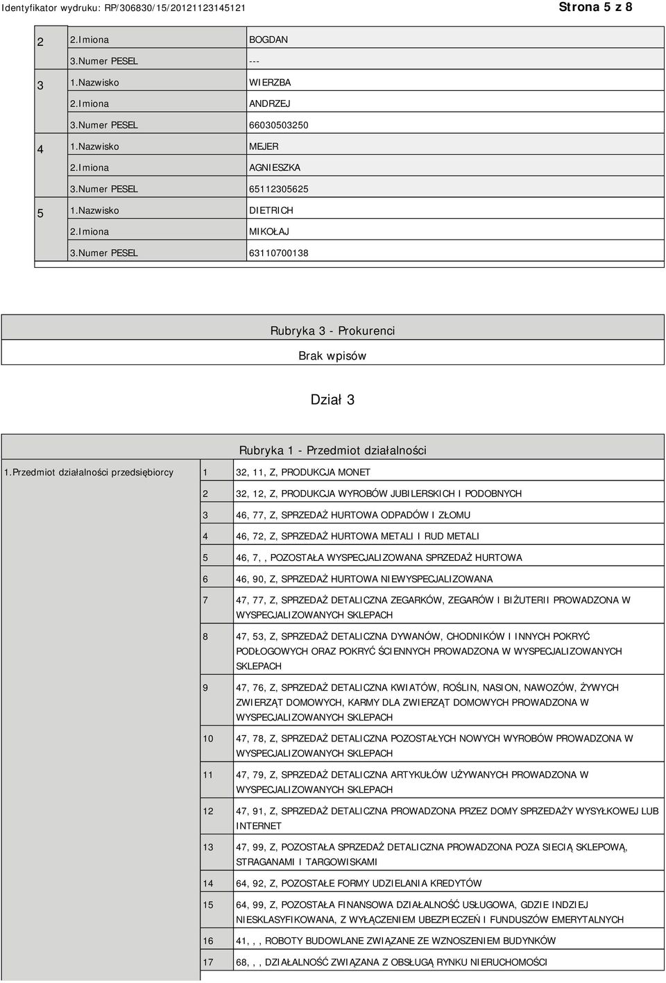 Przedmiot działalności przedsiębiorcy 1 32, 11, Z, PRODUKCJA MONET 2 32, 12, Z, PRODUKCJA WYROBÓW JUBILERSKICH I PODOBNYCH 3 46, 77, Z, SPRZEDAŻ HURTOWA ODPADÓW I ZŁOMU 4 46, 72, Z, SPRZEDAŻ HURTOWA