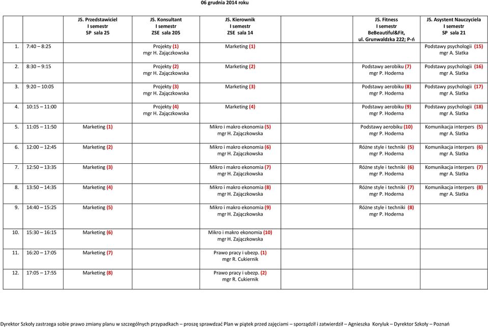 10:15 11:00 Projekty (4) Marketing (2) Podstawy aerobiku (7) Marketing (3) Podstawy aerobiku (8) Marketing (4) Podstawy aerobiku (9) Podstawy psychologii (16) Podstawy psychologii (17) Podstawy