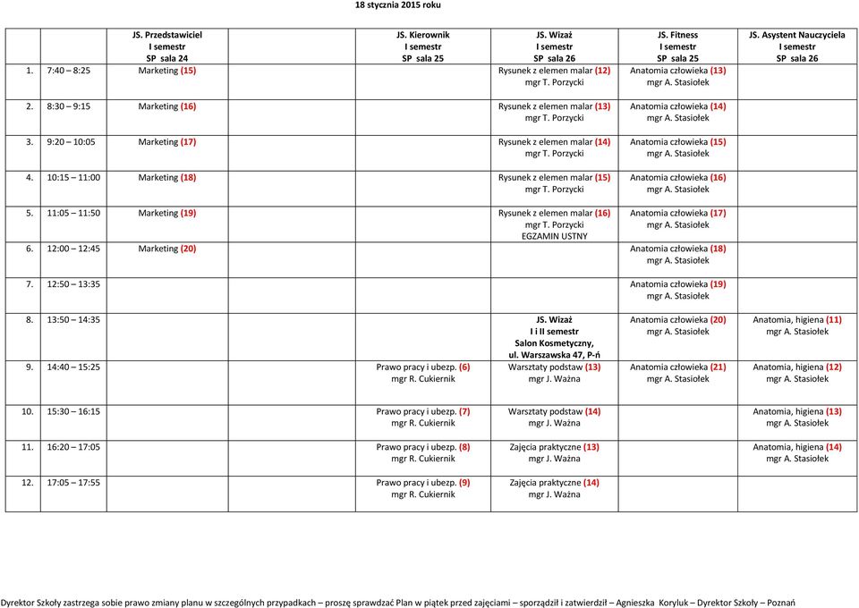 10:15 11:00 Marketing (18) Rysunek z elemen malar (15) SP sala 25 Anatomia człowieka (13) Anatomia człowieka (14) Anatomia człowieka (15) Anatomia człowieka (16) SP sala 26 5.