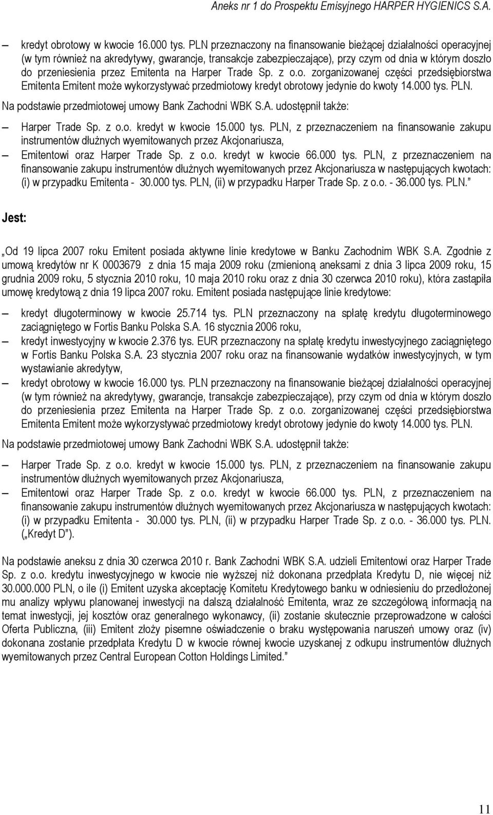 Emitenta na Harper Trade Sp. z o.o. zorganizowanej części przedsiębiorstwa Emitenta Emitent może wykorzystywać przedmiotowy kredyt obrotowy jedynie do kwoty 14.000 tys. PLN.
