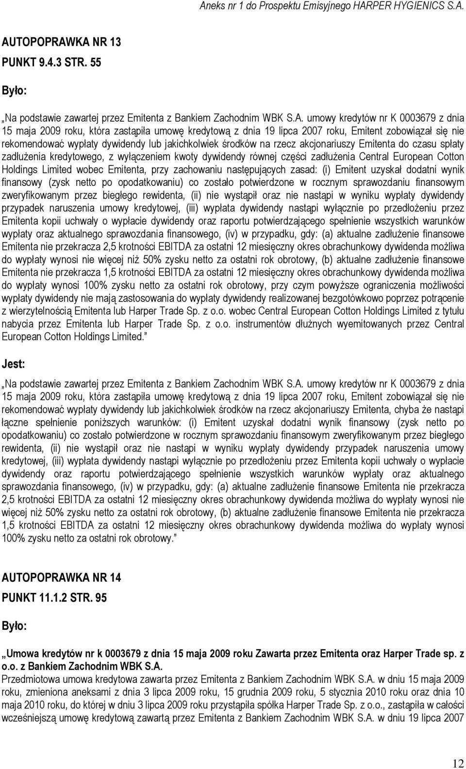 dywidendy równej części zadłużenia Central European Cotton Holdings Limited wobec Emitenta, przy zachowaniu następujących zasad: (i) Emitent uzyskał dodatni wynik finansowy (zysk netto po