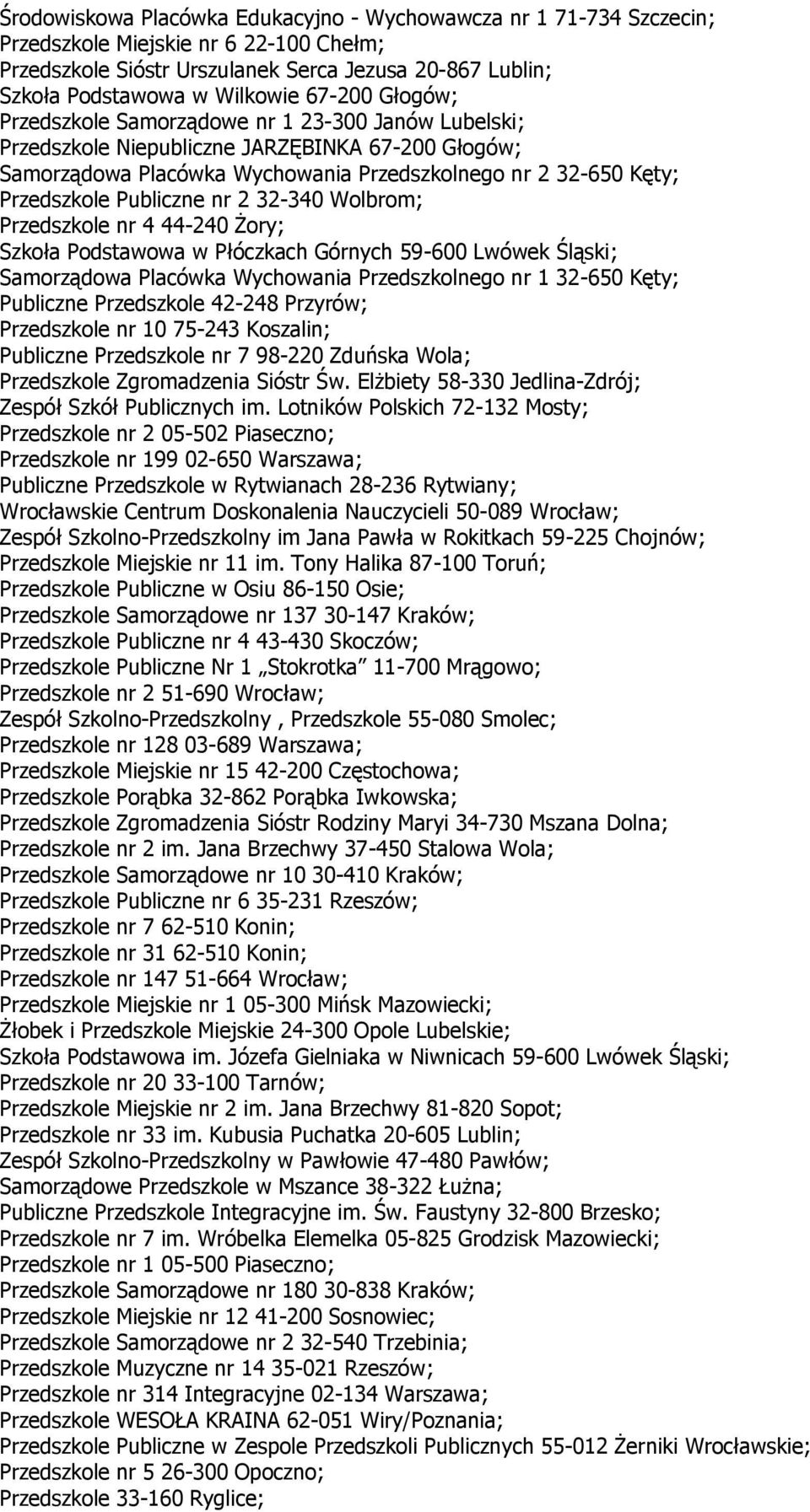 Publiczne nr 2 32-340 Wolbrom; Przedszkole nr 4 44-240 Żory; Szkoła Podstawowa w Płóczkach Górnych 59-600 Lwówek Śląski; Samorządowa Placówka Wychowania Przedszkolnego nr 1 32-650 Kęty; Publiczne
