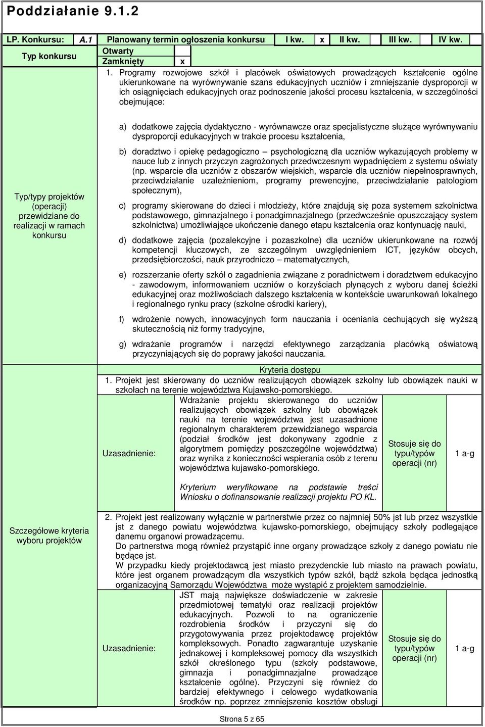 oraz podnoszenie jakości procesu kształcenia, w szczególności obejmujące: Typ/typy projektów (operacji) przewidziane do realizacji w ramach konkursu a) dodatkowe zajęcia dydaktyczno - wyrównawcze