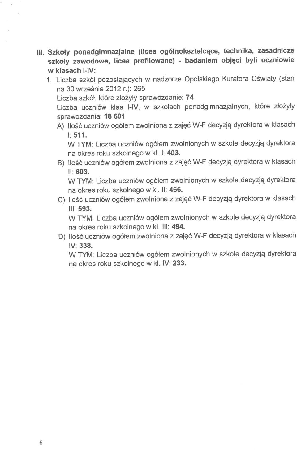 Szkoły ponadgimnazjal ne (licea ogól nokształcące, technika, zasadnicze B) Ilość uczniów ogółem zwolniona z zajęć W-F decyzją dyrektora w klasach C) Ilość uczniów ogółem zwolniona z zajęć W-F decyzją