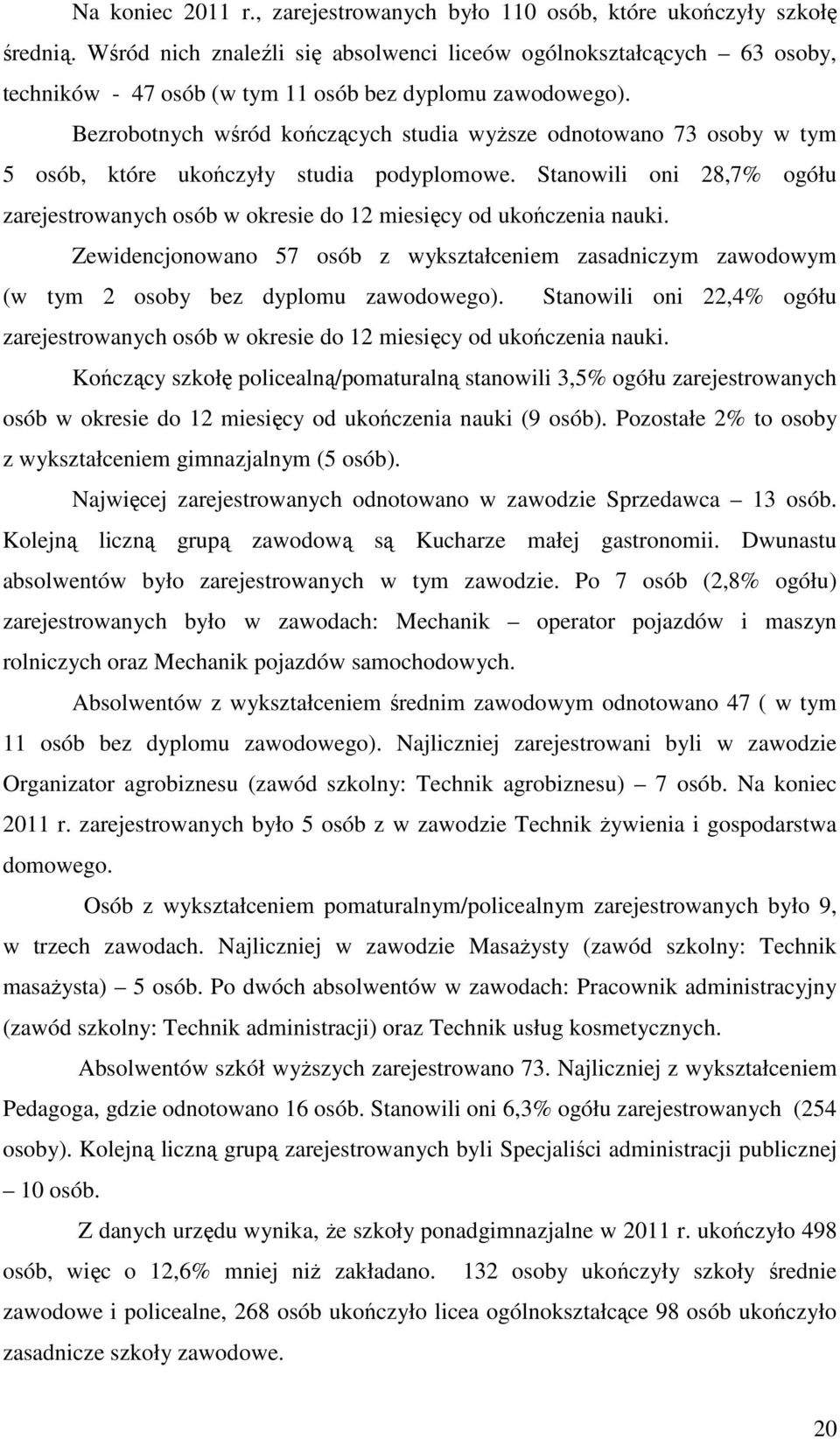 Bezrobotnych wśród kończących studia wyższe odnotowano 73 osoby w tym 5 osób, które ukończyły studia podyplomowe.