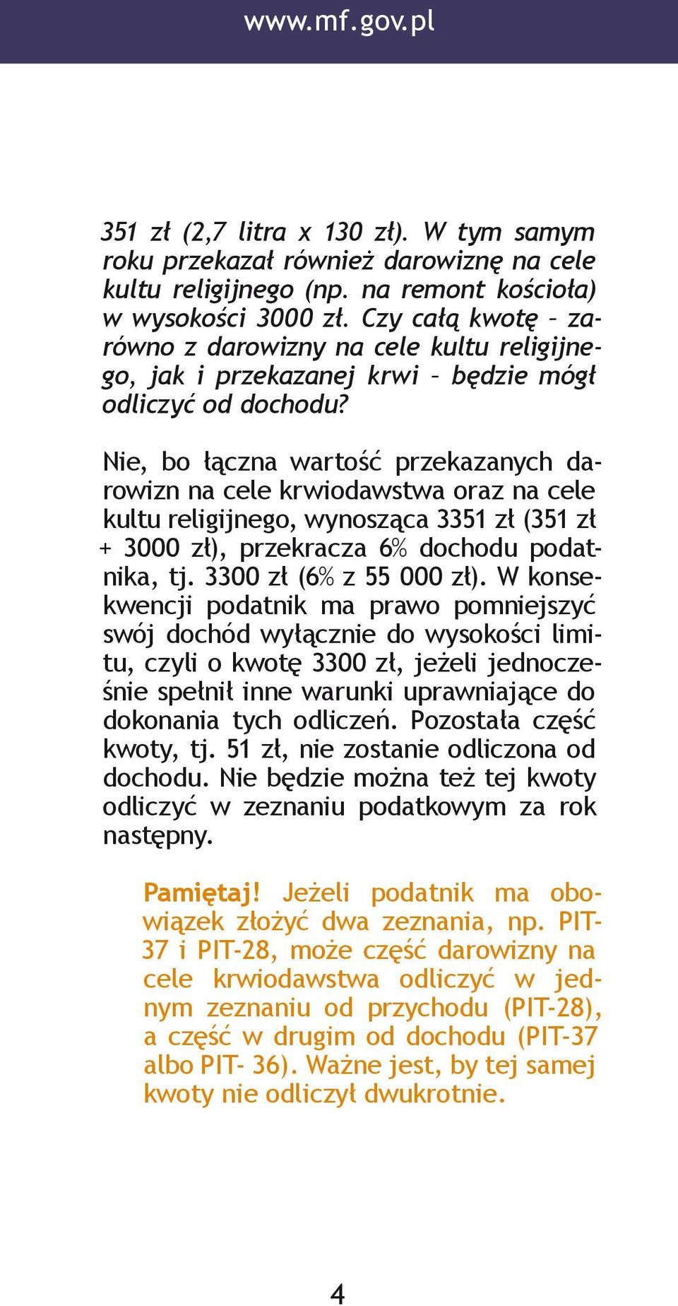 Nie, bo łączna wartość przekazanych darowizn na cele krwiodawstwa oraz na cele kultu religijnego, wynosząca 3351 zł (351 zł + 3000 zł), przekracza 6% dochodu podatnika, tj. 3300 zł (6% z 55 000 zł).