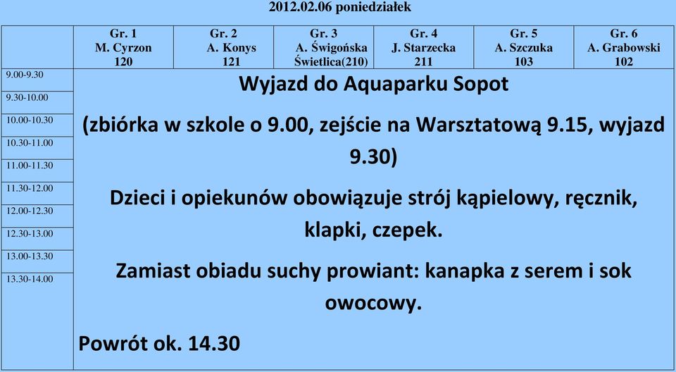 00, zejście na Warsztatową 9.15, wyjazd 9.