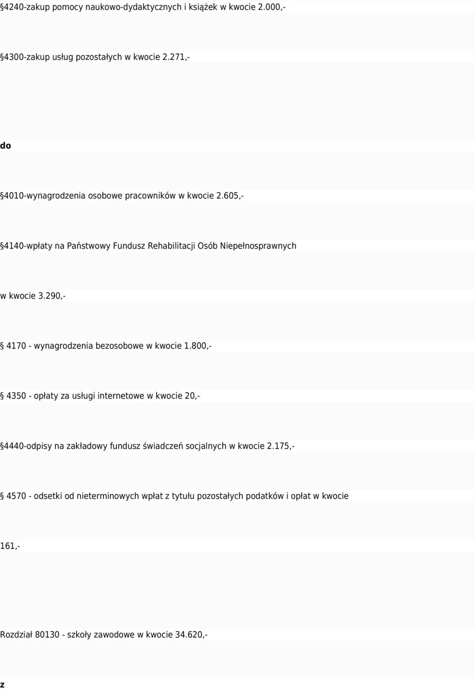 605,- 4140-wpłaty na Państwowy Fundus Rehabilitacji Osób Niepełnosprawnych w kwocie 3.290,- 4170 - wynagrodenia beosobowe w kwocie 1.