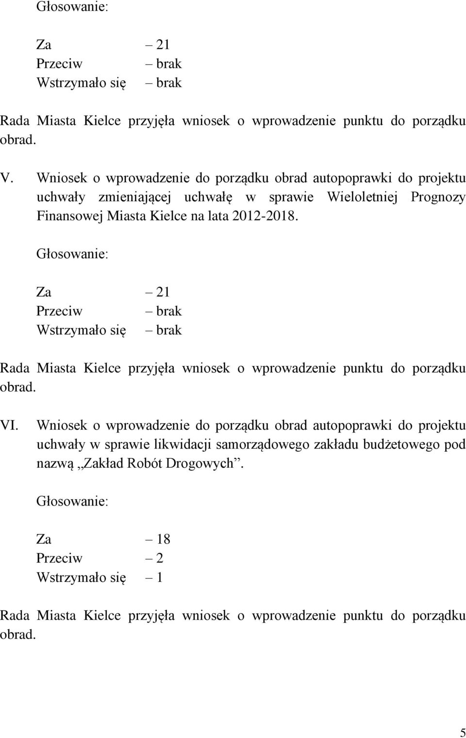 Głosowanie: Za 21 Przeciw brak Wstrzymało się brak Rada Miasta Kielce przyjęła wniosek o wprowadzenie punktu do porządku obrad. VI.