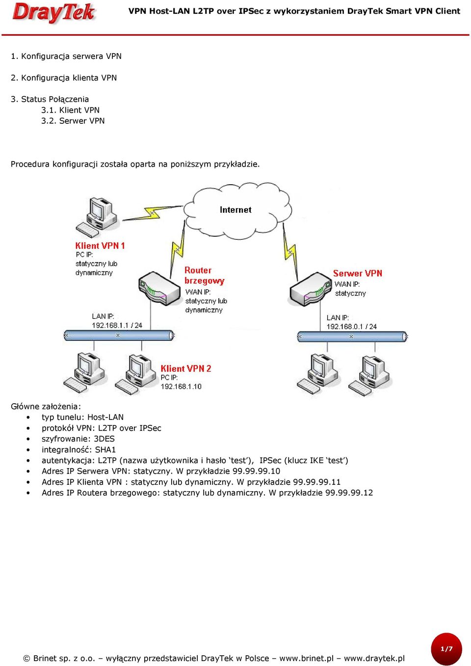 i hasło test ), IPSec (klucz IKE test ) Adres IP Serwera VPN: statyczny. W przykładzie 99.99.99.10 Adres IP Klienta VPN : statyczny lub dynamiczny.