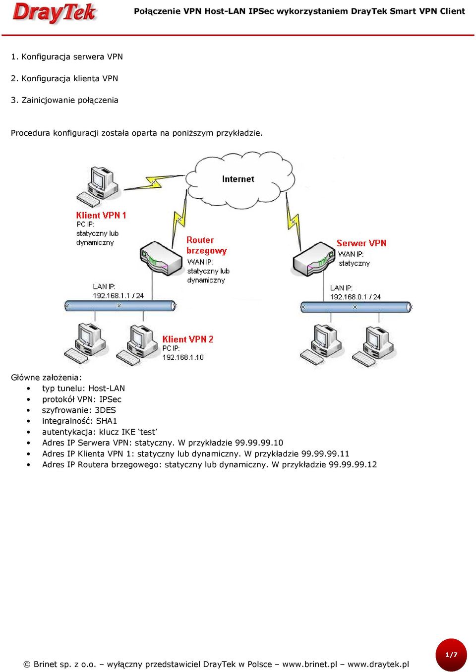 Główne założenia: typ tunelu: Host-LAN protokół VPN: IPSec szyfrowanie: 3DES integralność: SHA1 autentykacja: klucz IKE